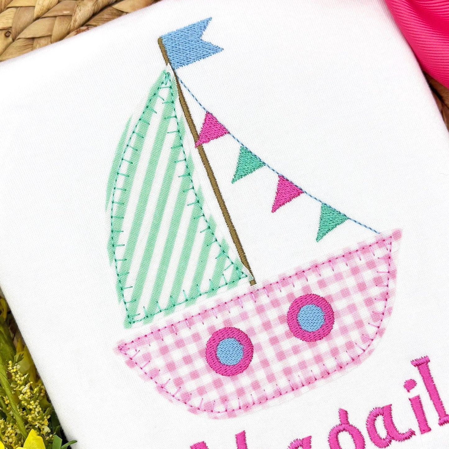 Sailboat with Flag Banner Blanket Stitch Applique
