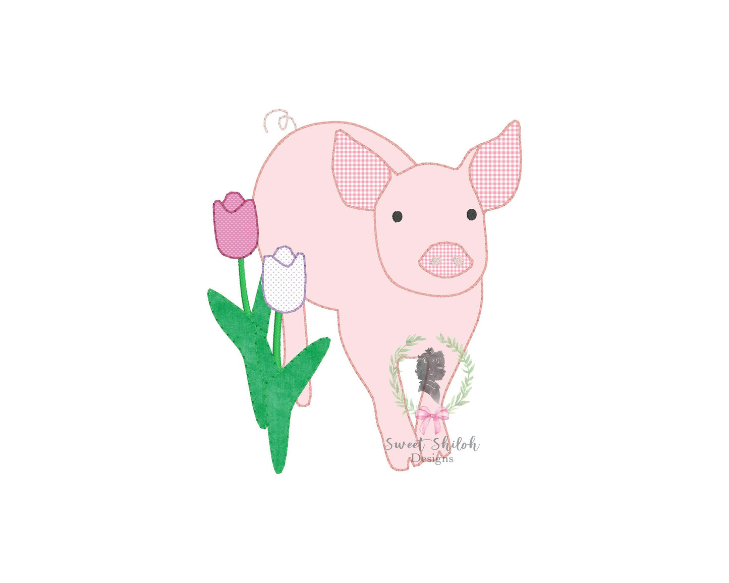 Pig with Tulips Bean Stitch Applique