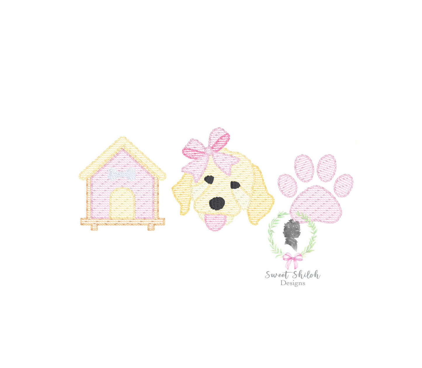 Golden Doodle Bow Paw Print Trio Sketch