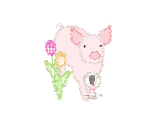 Pig with Tulips Zigzag Stitch Applique