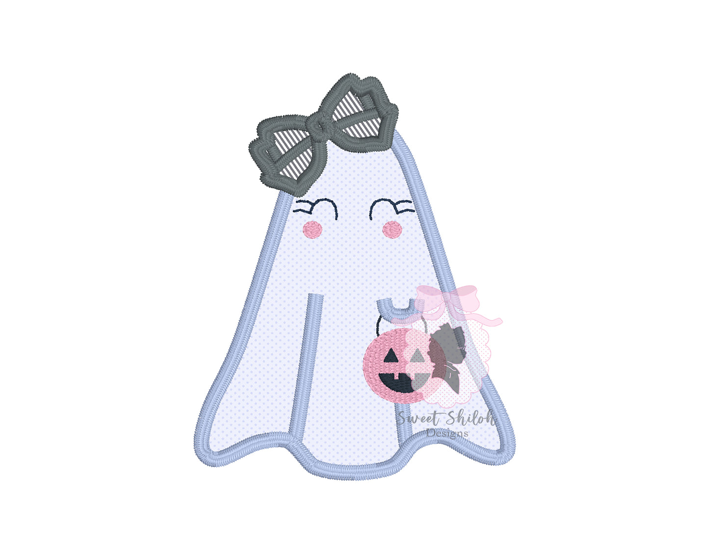 Smiling Ghost with Bow Satin Stitch Applique