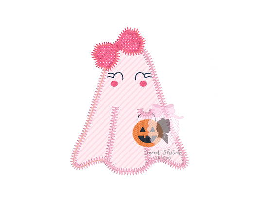 Smiling Ghost with Bow Zigzag Stitch Applique