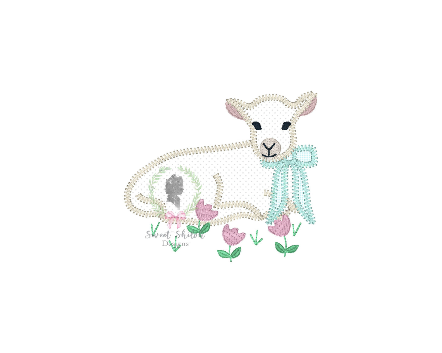 Lamb with Ribbon Zigzag Stitch Applique