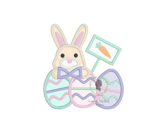 Bow Tie Bunny with Eggs Satin Stitch Applique